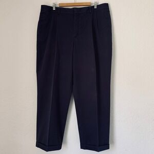 LL Bean Chino Pants Mens 40 Navy Blue Pleated Cuffed Natural Fit Preppy Business